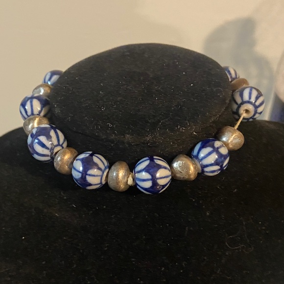 Multicolor Bead & Button Statement Bracelet AND Blue with white beads & Silver - Picture 3 of 3
